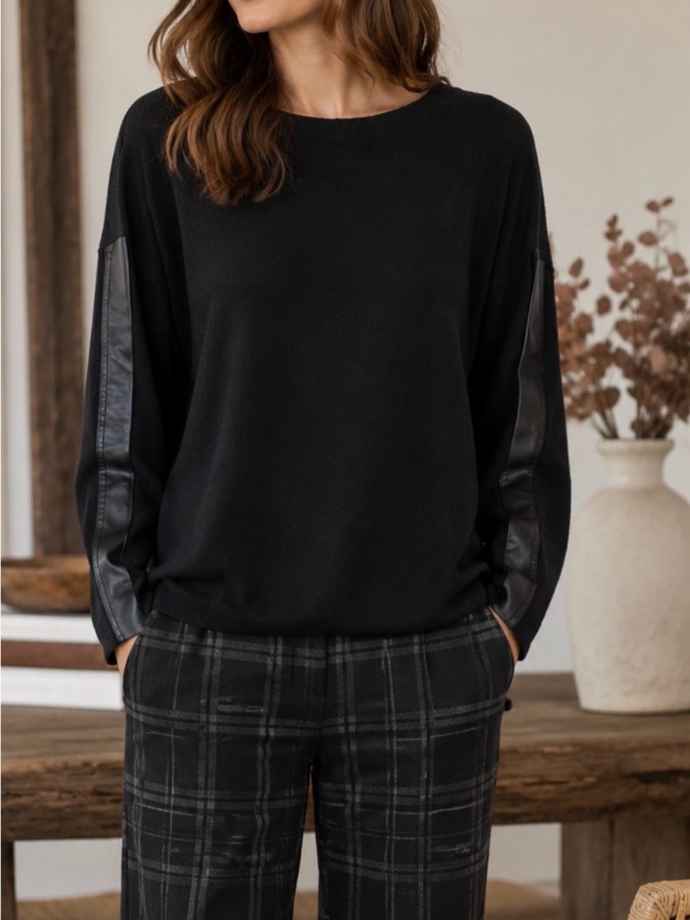 Brochu Walker wool cashmere black sweater, faux leather panel sleeves crew neck